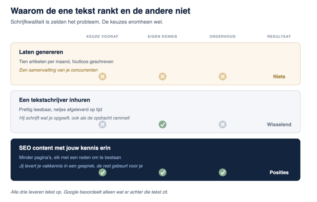 verschil tussen laten genereren, een tekstschrijver inhuren en seo content met jouw kennis er in - infographic Jesse Commandeur